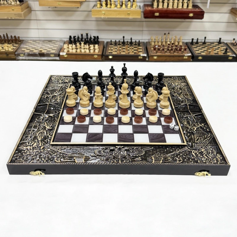 Набор 3 в 1 шахматы нарды шашки Победа деревянные со стеклянным полем