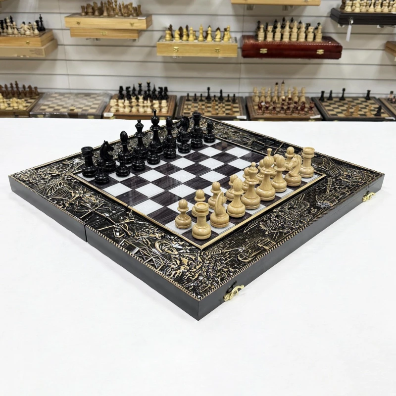 Набор 3 в 1 шахматы нарды шашки Победа деревянные со стеклянным полем