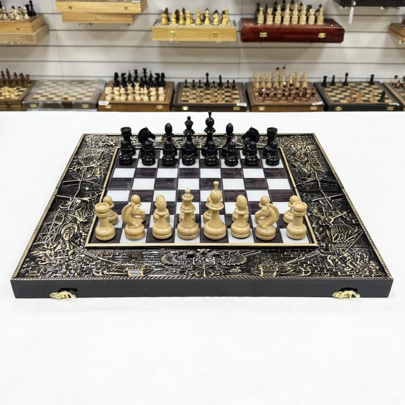 Набор 3 в 1 шахматы нарды шашки Победа деревянные со стеклянным полем