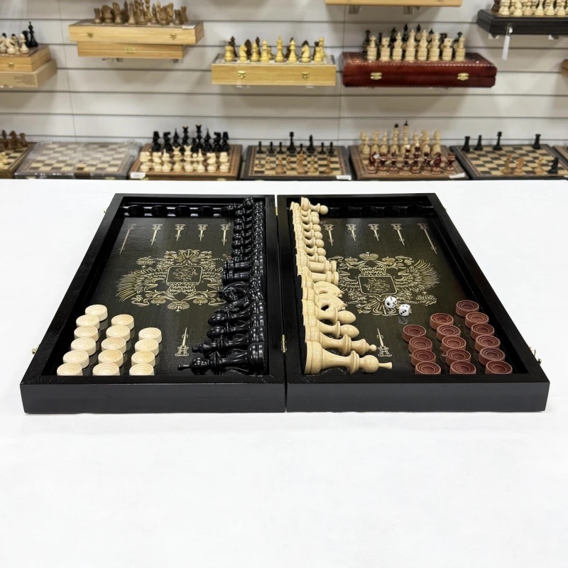 Набор 3 в 1 шахматы нарды шашки Победа деревянные со стеклянным полем