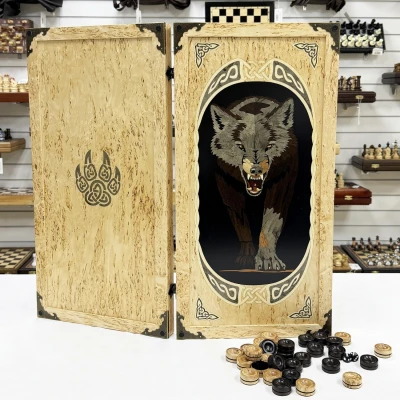 Нарды подарочные из карельской березы Волк большие 62 см