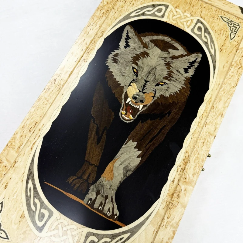 Нарды подарочные из карельской березы Волк большие 62 см