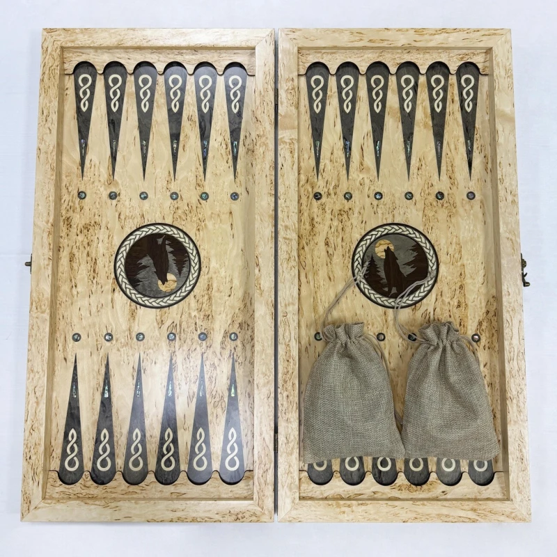 Нарды подарочные из карельской березы Волк большие 62 см