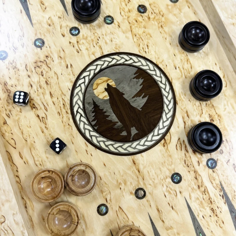 Нарды подарочные из карельской березы Волк большие 62 см