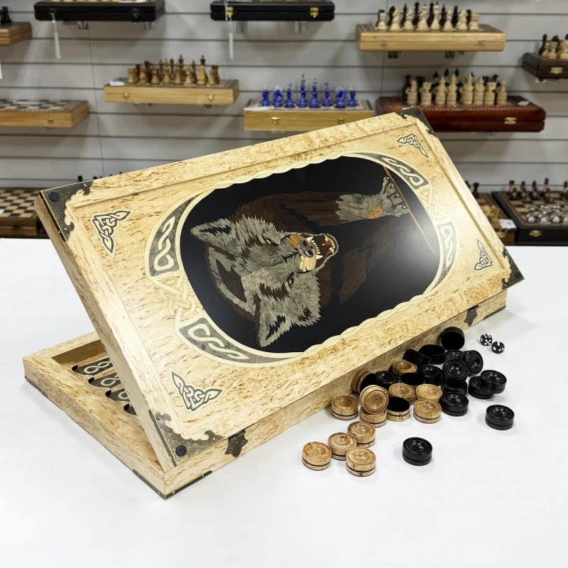 Нарды подарочные из карельской березы Волк большие 62 см