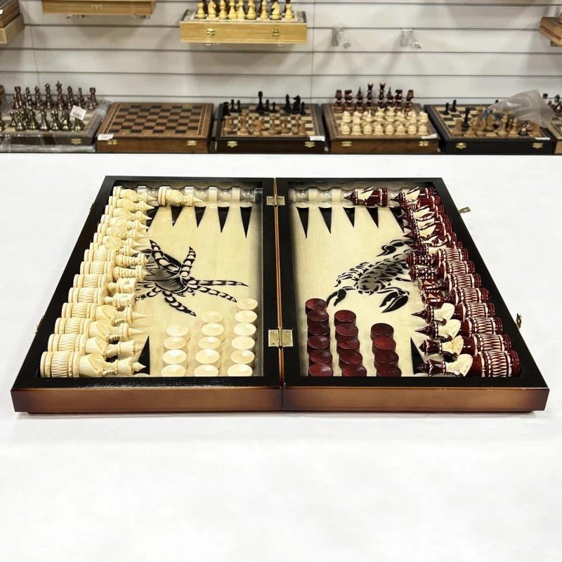 Набор 3 в 1 шахматы нарды шашки резной лак Паук и Скорпион