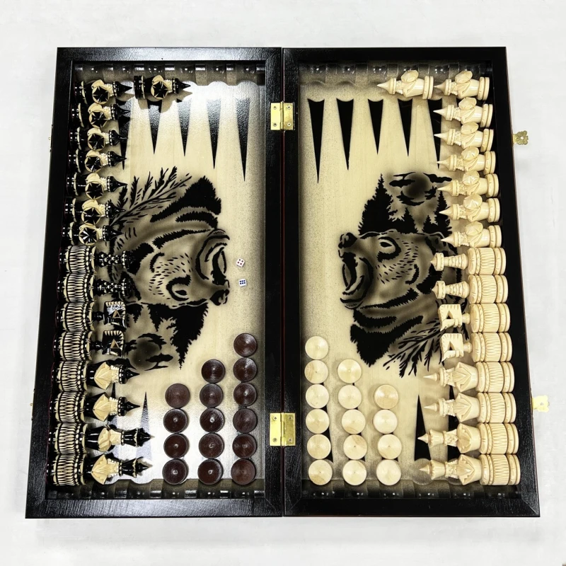 Набор 3 в 1 шахматы нарды шашки резной лак Медведь