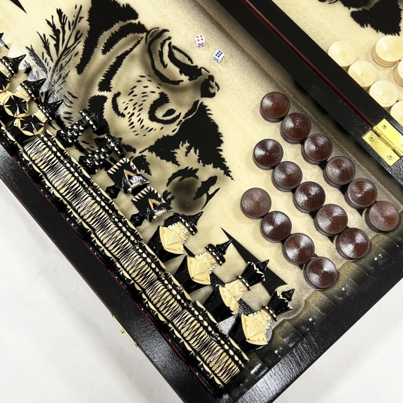 Набор 3 в 1 шахматы нарды шашки резной лак Медведь