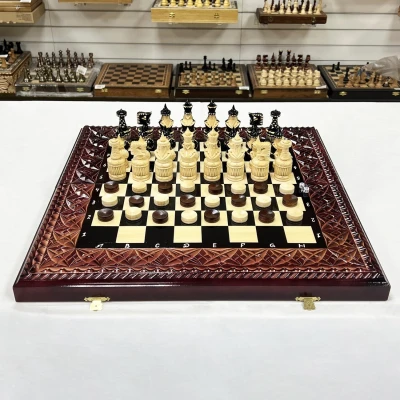 Набор 3 в 1 шахматы нарды шашки резной лак Медведь