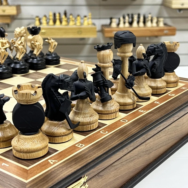 Шахматный ларец подарочный орех с фигурами Хоккей