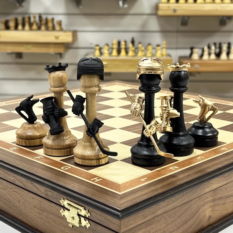 Шахматный ларец подарочный орех с фигурами Хоккей
