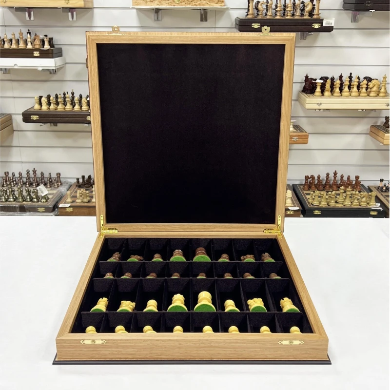 Шахматы подарочные в ларце из дуба с индийскими фигурами из самшита и палисандра