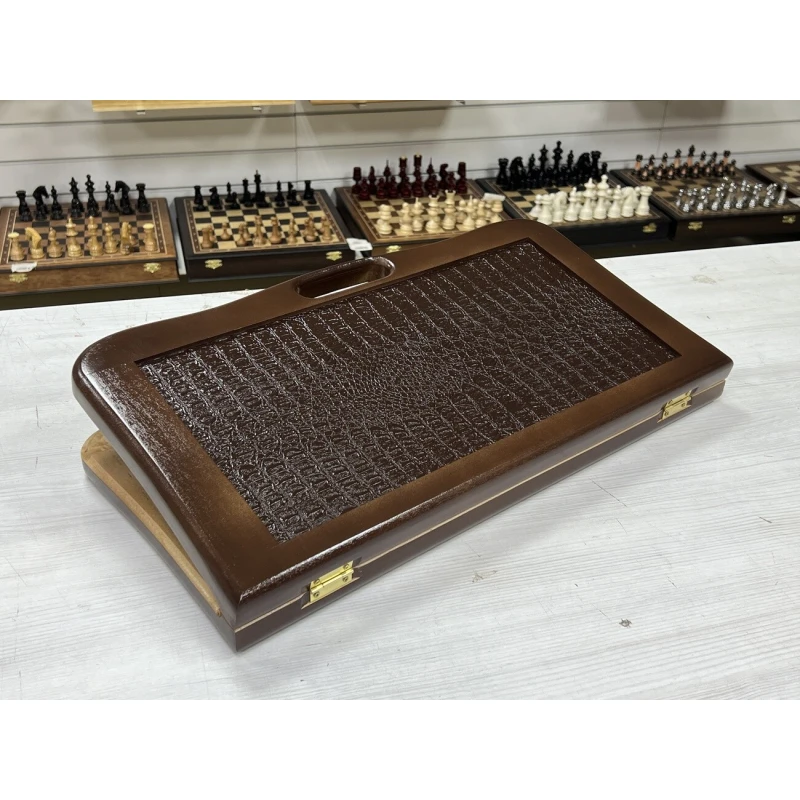 Нарды кожаные Презент с ручкой коричневые Люкс 55 см