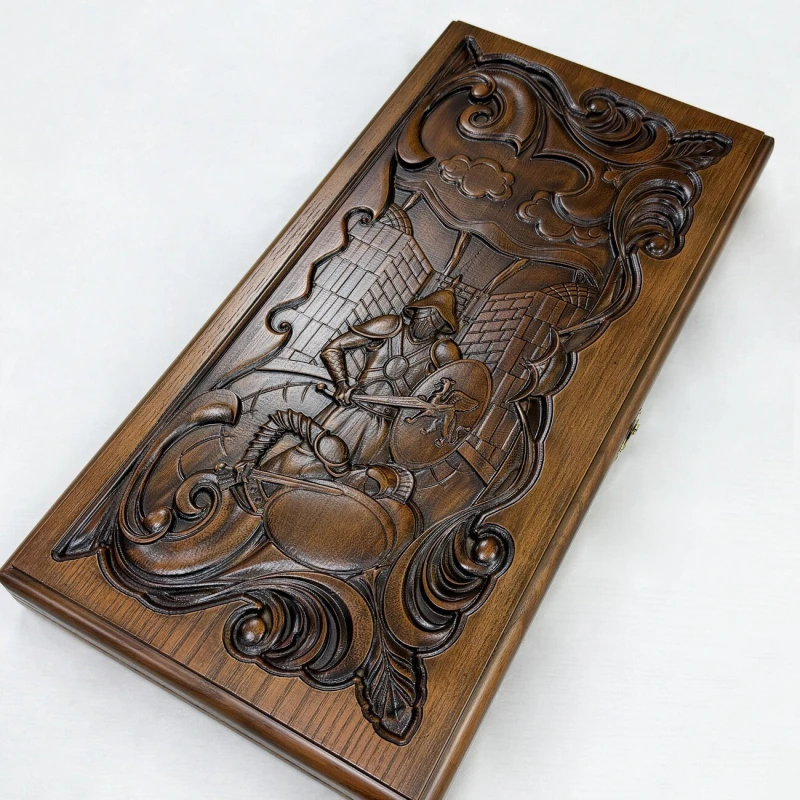 Нарды подарочные из массива ясеня Рыцарь и Лев темные 60см