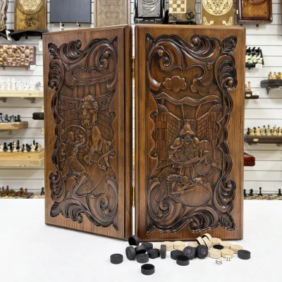 Нарды подарочные из массива ясеня Рыцарь и Лев темные 60см