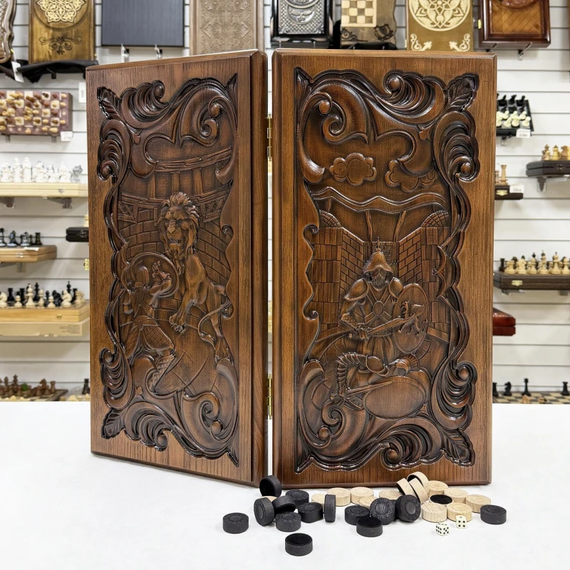 Нарды подарочные из массива ясеня Рыцарь и Лев темные 60см