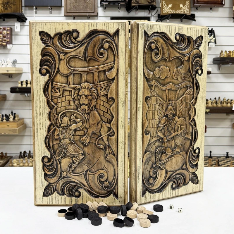 Нарды из массива ясеня подарочные Рыцарь и Лев светлые 60 см