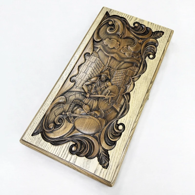 Нарды из массива ясеня подарочные Рыцарь и Лев светлые 60 см