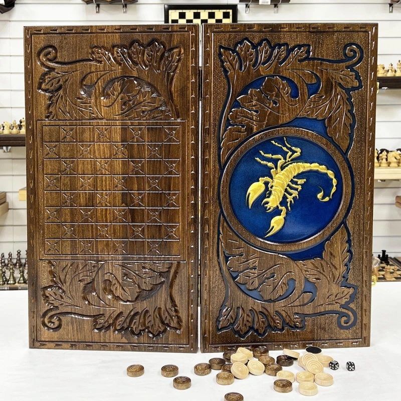 Нарды из массива бука Скорпион эпоксидная смола синие