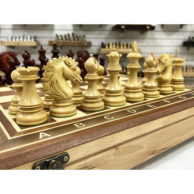 Шахматный ларец красное дерево с фигурами Wellington 52 см