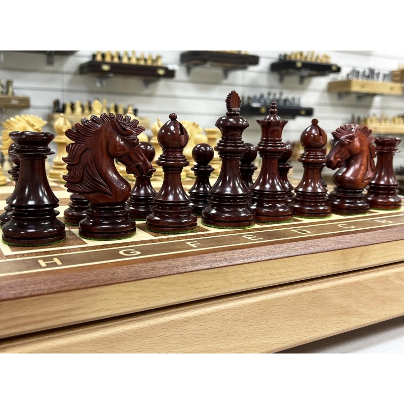 Шахматный ларец красное дерево с фигурами Wellington 52 см