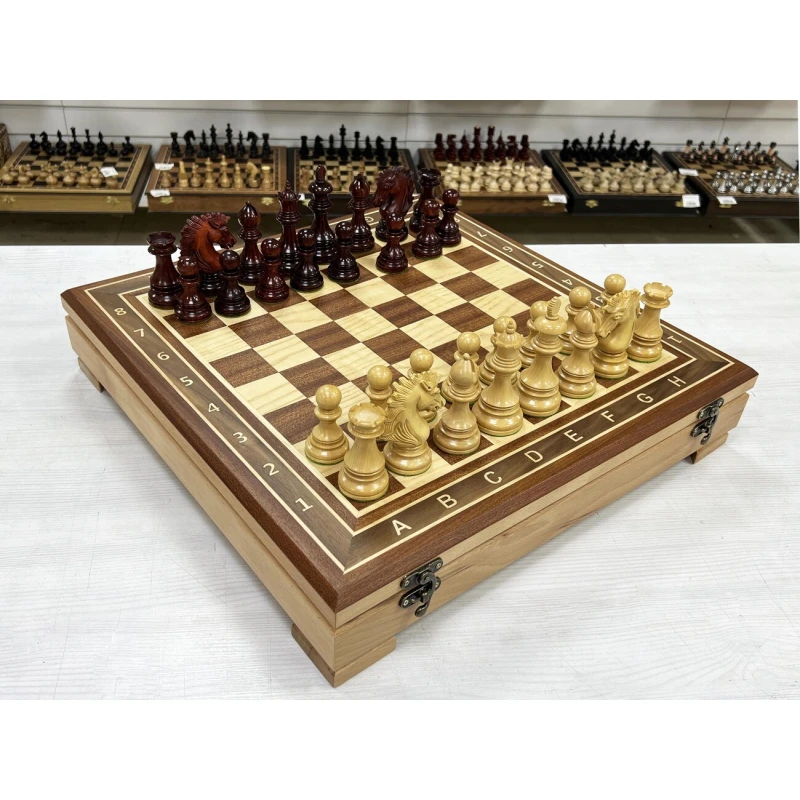Шахматный ларец красное дерево с фигурами Wellington 52 см