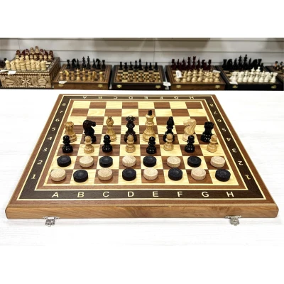 Набор шахматы-нарды-шашки Красное дерево с фигурами из карел