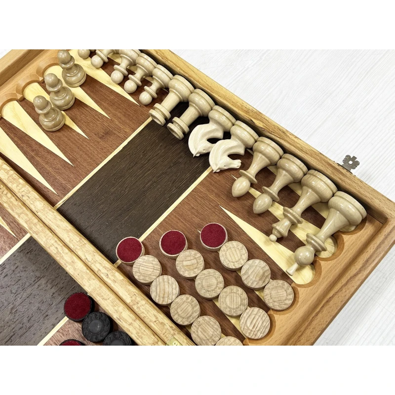 Набор 3 в 1 шахматы-нарды-шашки Красное дерево Турнирный