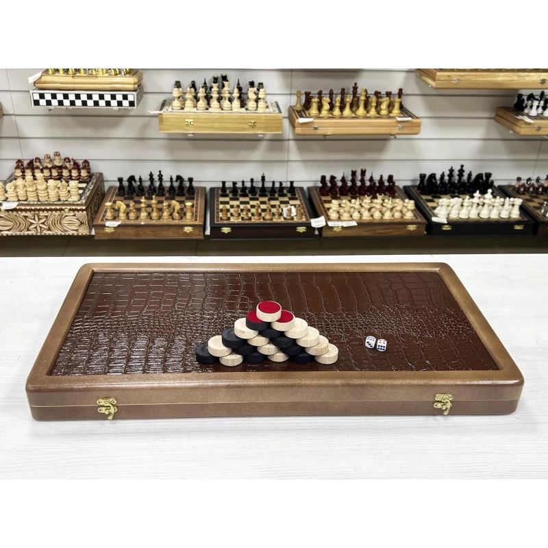 Нарды кожанные Презент коричневые большие 60 см + фишки Люкс