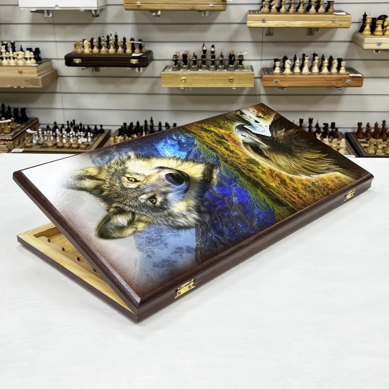 Нарды деревянные горный орел и степной волк большие 60 на 60 см