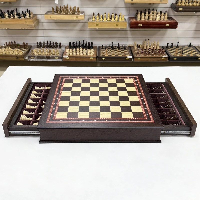 Шахматный ларец с выдвижными ящиками подарочный венге Бастион