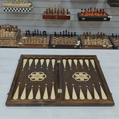 Нарды дерево/кожа коричневые подарочные большие