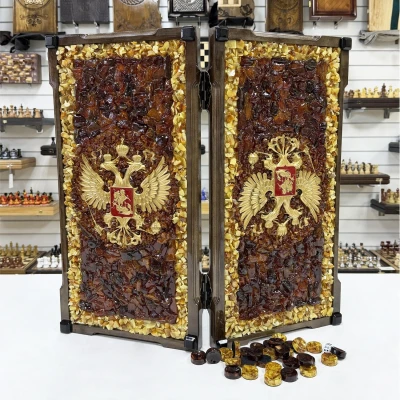 Нарды из янтаря Герб РФ эксклюзивные большие 60 см