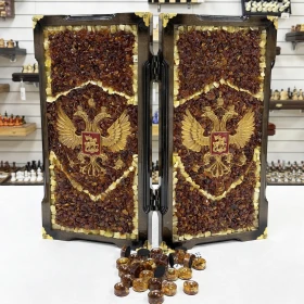 Нарды из янтаря Герб РФ эксклюзивные средние 46 см темные