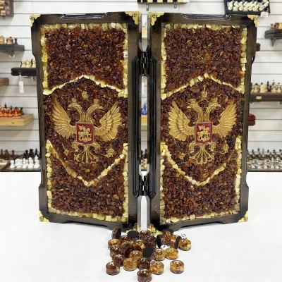 Нарды из янтаря Герб РФ эксклюзивные средние 46 см темные