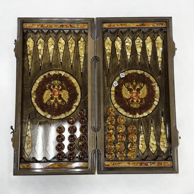 Нарды из янтаря Герб РФ эксклюзивные средние 46 см темные